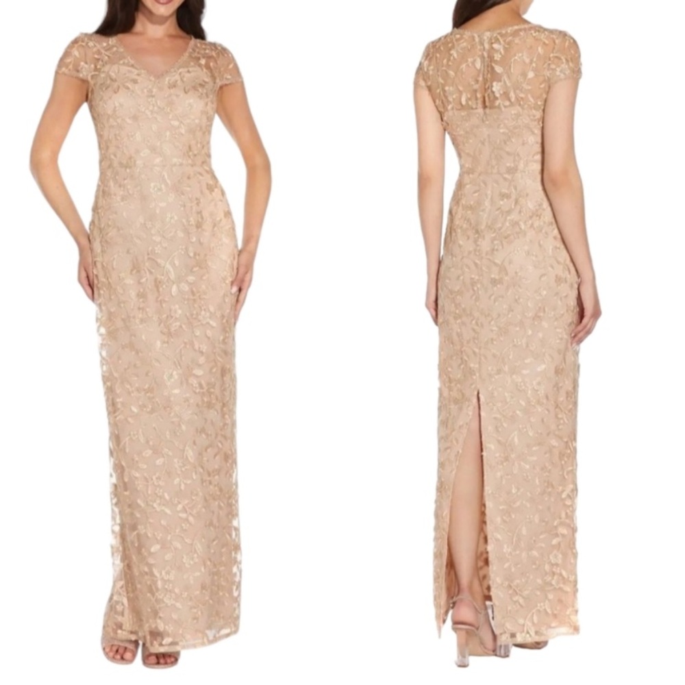 NWT Adrianna Papell gold metallic embroidery gown size 12